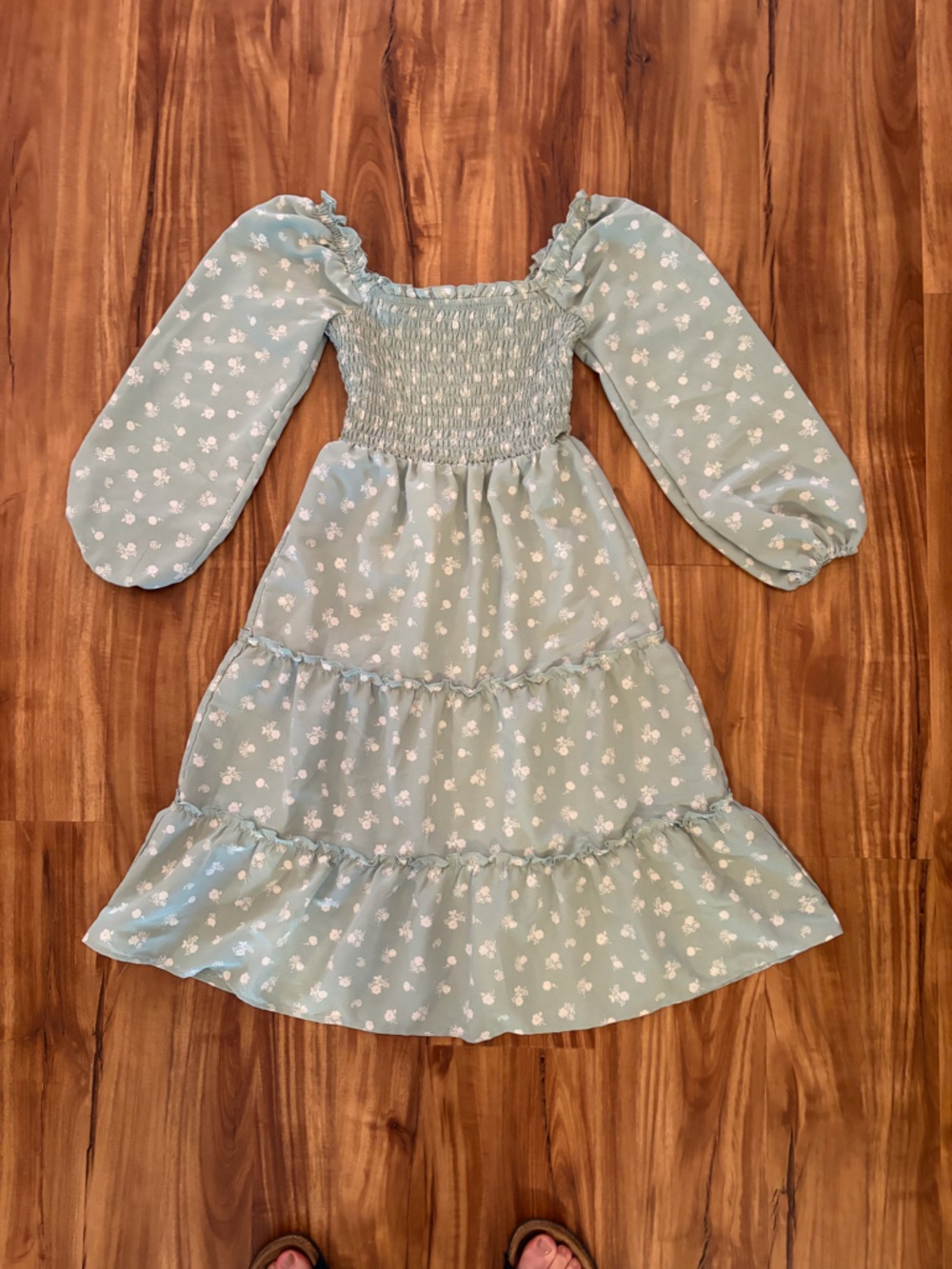 As U Wish Sage Green Floral Tiered Smocked Midi Dress